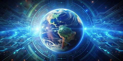 Aufkleber - Futuristic rendering of Earth surrounded by high-tech technology, future, futuristic, technology, rendering, Earth, planet