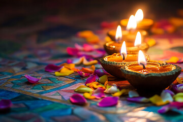 Wall Mural - Celebrating Diwali festival, candles in temple with colorful background