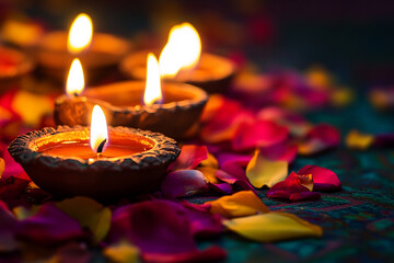 Celebrating Diwali festival, candles in temple with colorful background