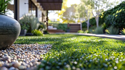 Wall Mural - Serene Garden Landscape with Lush Green Grass and Stone Path