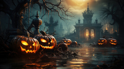 Glowing jack-o'-lanterns illuminate the dark landscape surrounding an abandoned castle, creating an eerie atmosphere on a misty Halloween night