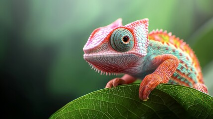 Colorful Baby Chameleon on a Leaf