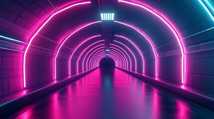 Futuristic tunnel with vibrant pink and blue neon lights reflecting on a smooth floor, creating an immersive experience.