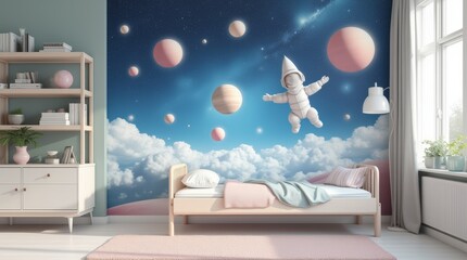 Wall Mural - Space theme. Creative and bright eco design of a children's room. Bright fantasy wallpaper on the wall of baby room.