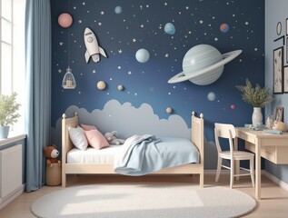 Wall Mural - Space theme. Creative and bright eco design of a children's room. Bright fantasy wallpaper on the wall of baby room.