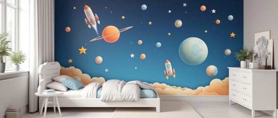 Wall Mural - Space theme. Creative and bright eco design of a children's room. Bright fantasy wallpaper on the wall of baby room.