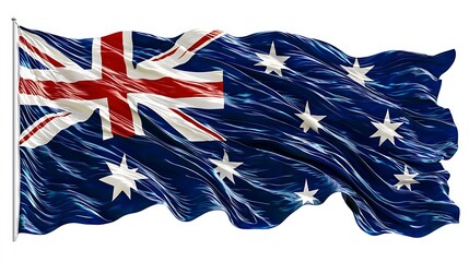 A crisp Australian flag flutters elegantly, isolated on a bright white background.