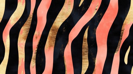 Wall Mural - Zebra Stripe Background with Black and Bronze Seamless Pattern Watercolor Tiger Stripes with Coral Accents