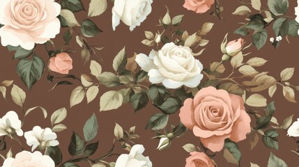 Seamless floral pattern featuring a variety of rose flowers and green leaves against a brown background