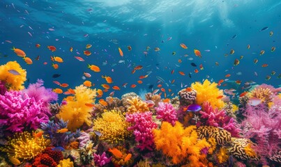 Vibrant underwater coral reef teeming with colorful fish, showcasing the beauty and diversity of marine life in a tropical ocean environment.