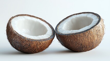 Fresh coconut halves sit beautifully arranged on a clean white surface.