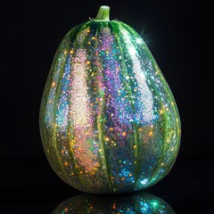 Sticker - A green pumpkin covered in iridescent glitter against a black background.