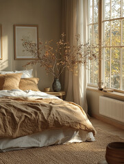 Wall Mural - Cozy bedroom with natural light and earthy tones.