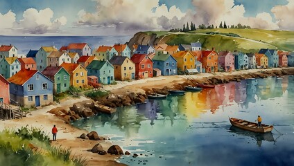 Sticker - Calm coastal village with rainbow-colored houses and fishermen by the shore, watercolor.