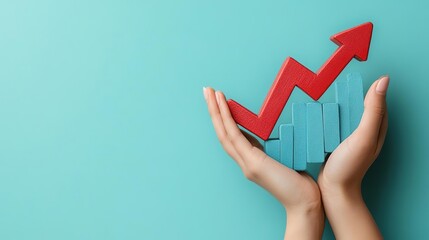 Hands holding a red upward arrow symbolizing growth and success, with a blue background representing finance and business.