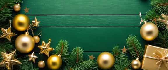 Wall Mural - A green background with gold and silver Christmas decorations including stars