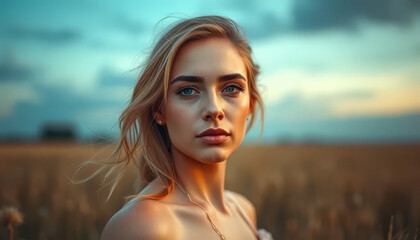 A woman with blonde hair and blue eyes stands in a field of tall grass