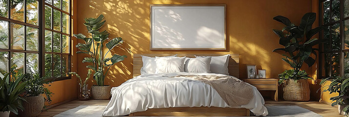 Wall Mural - Modern bedroom with a white bed and a large window.