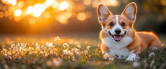 Wall Mural - Happy Corgi Dog in a Meadow at Sunset