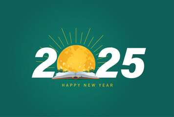 Happy new year 2025 education concept. Vector illustration of open book with alphabet letters and earth. 