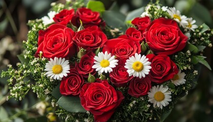 Canvas Print - A heart shaped arrangement of red roses and white daisies.