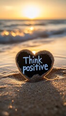 Wall Mural - A heart shaped sign on a sandy beach reads 'Think positive' with a blurry sunrise in the background.