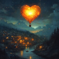 Poster - A heart-shaped hot air balloon glows brightly against a night sky with stars and a small village with lights reflecting on the water below.