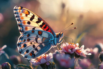 A close-up of a delicate butterfly resting on a blooming flower, with its colorful wings illuminated by warm sunlight,