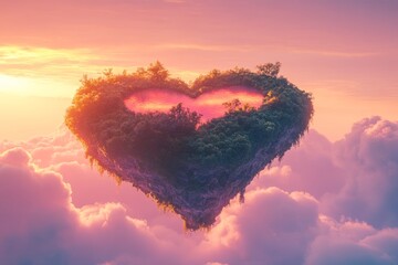 Poster - A heart-shaped island floats in the sky at sunset, with fluffy clouds surrounding it.  The island is covered in green trees and has a pink lake in the middle.