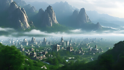 Town in the Fog with Mountain Scenery and Green Environment