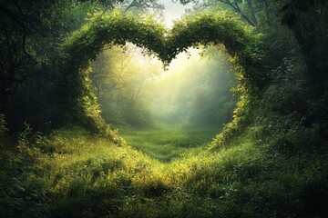 Poster - A heart-shaped vine archway in a lush green forest with sunlight streaming through.