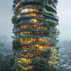 Sticker - A high-rise building with lush greenery on balconies, glowing windows, and a city skyline in the background.