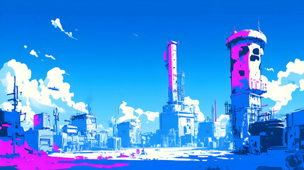 Sticker - Cyberpunk Cityscape with Tall Towers and Blue Sky