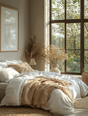 Wall Mural - Cozy bedroom with a large window and natural light.