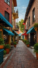 Wall Mural - Charming walkway with colorful storefronts and awnings.