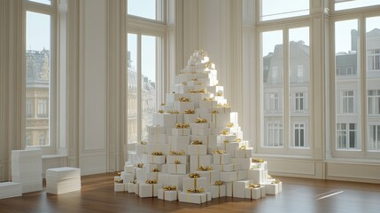 A beautifully decorated Christmas tree stands in a luxury home, surrounded by white gift boxes with golden bows, illuminated by warm sunlight from large windows