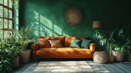 Canvas Print - A bright living room with an orange velvet sofa, green plants, and a large window.