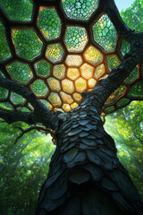 Poster - A tree with its branches extending outward, as the leaves gradually turn into intricate, repeating hexagonal patterns,