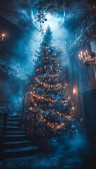 A large, decorated Christmas tree stands in a grand, shadowy hallway bathed in the blue glow of the moon.