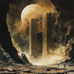 Poster - A large, imposing structure with a large opening at its base rises from a barren, rocky landscape under a giant moon. A lone figure walks in the foreground.