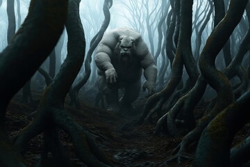 Canvas Print - Image depicts a menacing Yeti-like creature walking through a dark, twisted forest with fog shrouding the background. The eerie atmosphere adds to the ominous and mystical feel.