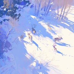 Dynamic Winter Wonderland: Animated Deer Galloping Across Snowy Plains Leaving Clear Footprints. Fresh and Colorful Anime-Style Illustration for Marketing Campaigns, Cultural Promotions, and 4K Wallpa