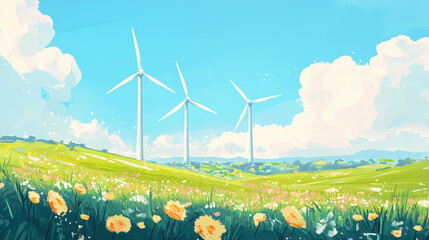 Bright and colorful illustration of wind turbines standing tall in a lush flower meadow under a clear blue sky