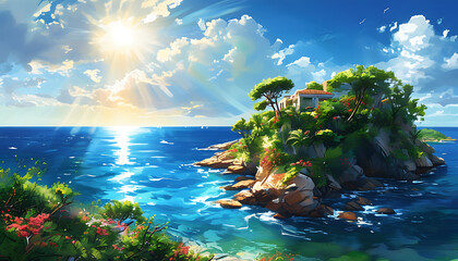 Wall Mural - Sunlight Basks in the Green Island, A Beautiful Destination for Travel and Vacation