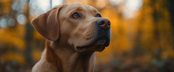 Poster - Golden Retriever Dog Looking Up in Autumn Forest