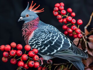 Canvas Print - Vibrant Pigeon Perched on Branch with Red Berries