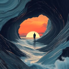 Canvas Print - A lone figure stands at the mouth of a cave, gazing out at a vibrant sunset over the ocean.