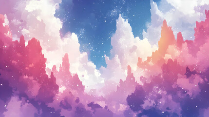 Canvas Print - Dreamy Watercolor Sky with Stars, Abstract Clouds, Pastel Colors, Digital Art