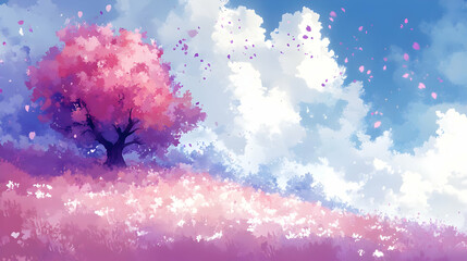 Canvas Print - Blooming Tree and Falling Petals in a Dreamy Landscape