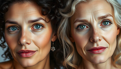 beauty image with two women with different age, skin and body isolated with white highlights, png